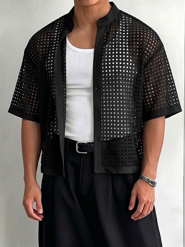 Men's Vintage Modern Chinese Mandarin Collar All-Over Eyelet Lace Cropped Short Sleeve Shirt SKUL71416