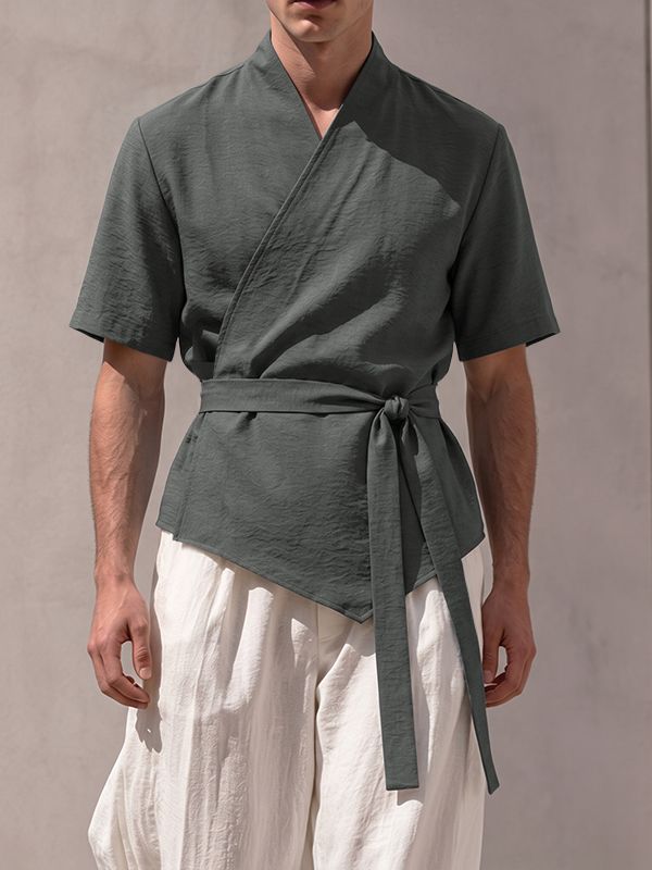 Men's Resort Wear Textured Kimono Wrap Short Sleeve Shirt SKUL78265