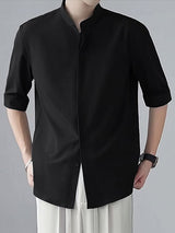 Men's Minimalist Clean-Fit Daily Commute Concealed Placket Mandarin Collar 3/4 Sleeve Shirt SKUL84679
