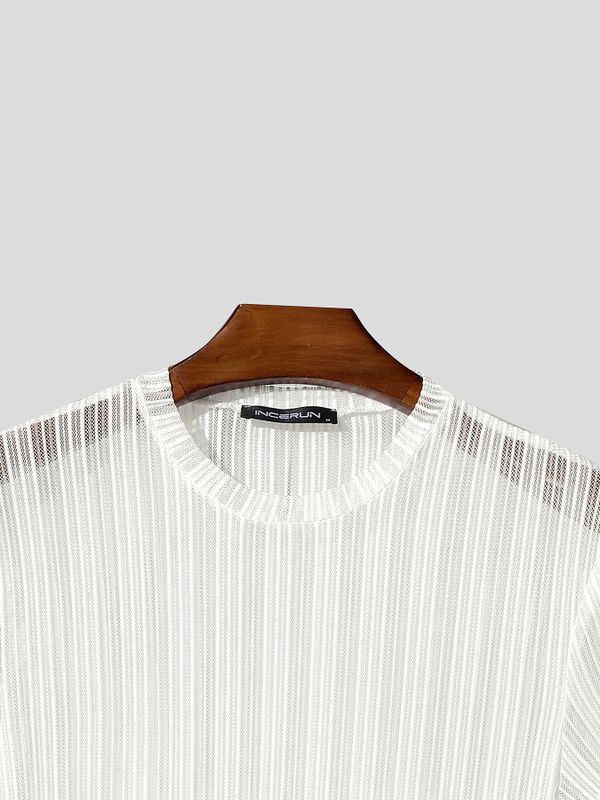 Men's Avant-Garde Translucent Vertical Stripe Glitter Mesh Fitted Short Sleeve T-shirt SKUL72711