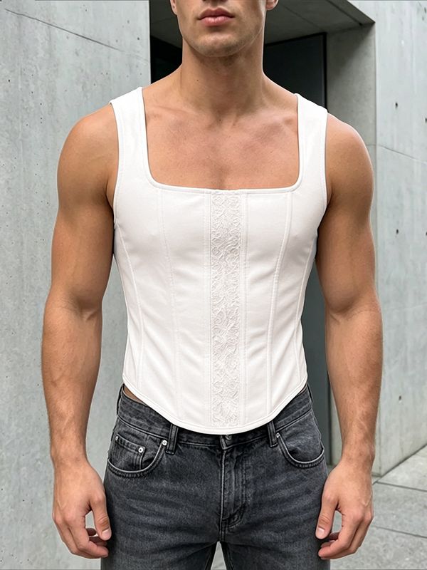 Men's Avant-Garde Lace Panel Square Neck Slim Fit Cropped Corset Tank SKUL65421