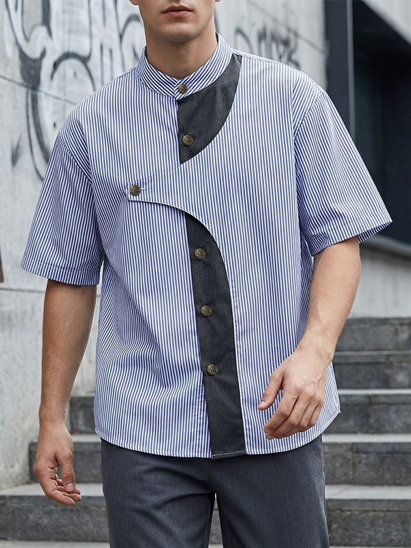 Men's Avant-Garde Asymmetrical Curved Contrast Placket Pinstripe Shirt SKUL64198