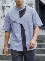 Men's Avant-Garde Asymmetrical Curved Contrast Placket Pinstripe Shirt SKUL64198