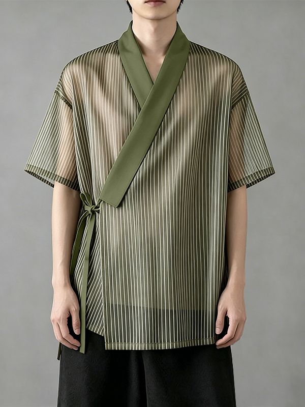 Men's Avant-Garde Sheer Organza Stripe Cross Wrap Tie Side V-Neck Cardigan SKUL62036