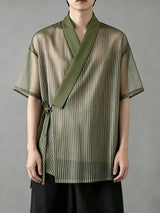 Men's Avant-Garde Sheer Organza Stripe Cross Wrap Tie Side V-Neck Cardigan SKUL62036