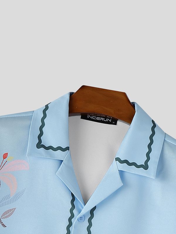 Men's Retro Floral Print Wavy Trim Cropped Camp Collar Shirt SKUL74582