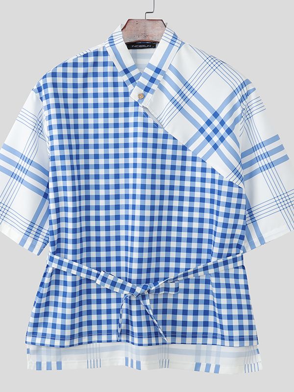 Men's Plaid Waist-Fitted Short Sleeve Shirt SKUL46080