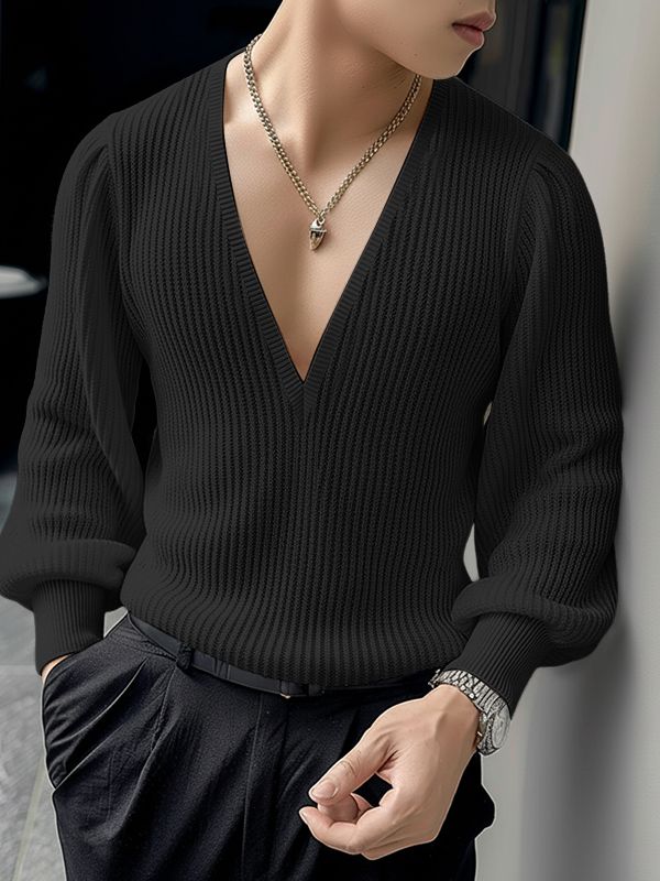 Men's Solid Color Textured V Neck Long Sleeve T-shirt SKUL48715