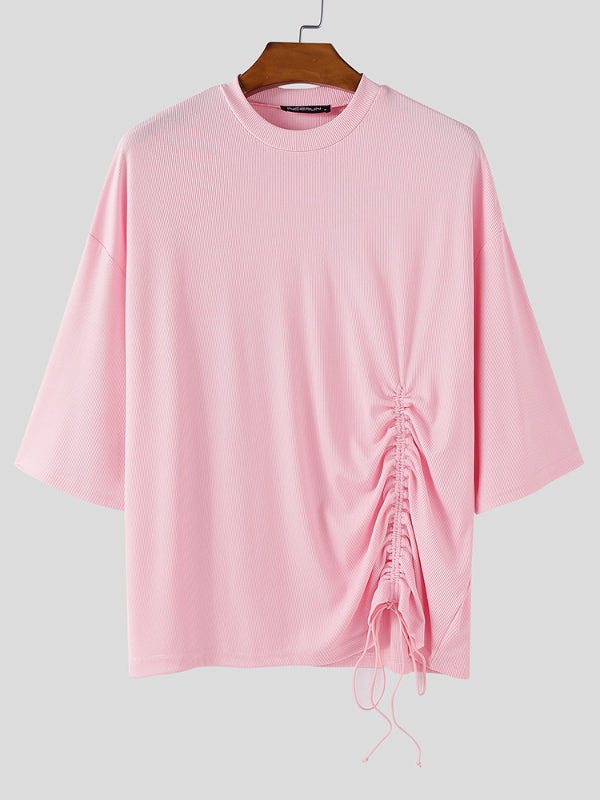 Mens Solid Color Textured Drawstring Short Sleeve T-Shirt SKUL16850