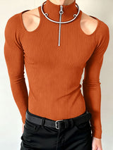 Men's Cut-Out Design Zipper Long Sleeve T-shirt SKUL46434
