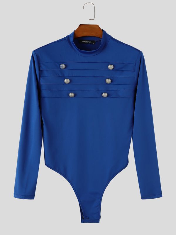 Men's Sexy Retro Stage Performance Military Pleated Double Breasted Button High Cut Long Sleeve Mock Neck Bodysuit SKUL83125