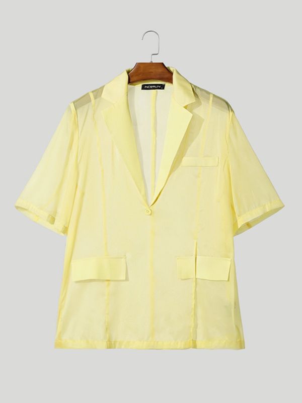 Men's Avant-Garde Sheer Organza Mesh Notch Lapel Asymmetric Split Short Sleeve Blazer SKUL58779