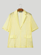 Men's Avant-Garde Sheer Organza Mesh Notch Lapel Asymmetric Split Short Sleeve Blazer SKUL58779