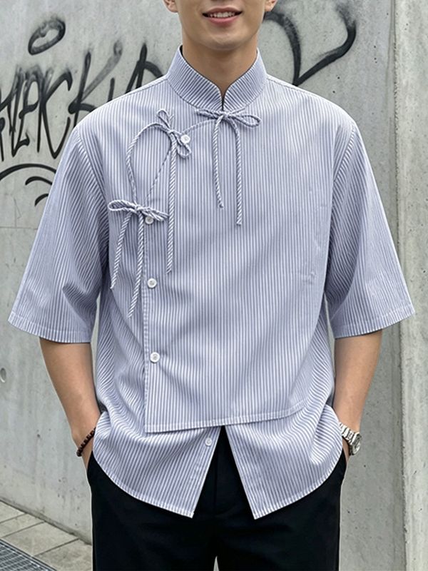 Men's Avant-Garde Neo-Chinese Pinstripe Ribbon Asymmetrical Shirt SKUL63952
