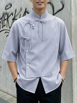 Men's Avant-Garde Neo-Chinese Pinstripe Ribbon Asymmetrical Shirt SKUL63952