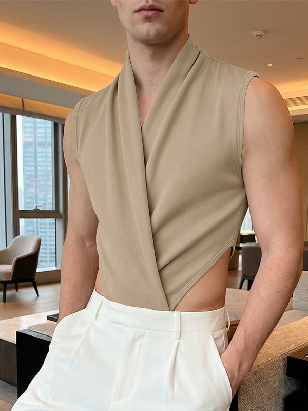 Men's Avant-Garde Draped Wrap-Front High-Cut Bodysuit SKUL62168