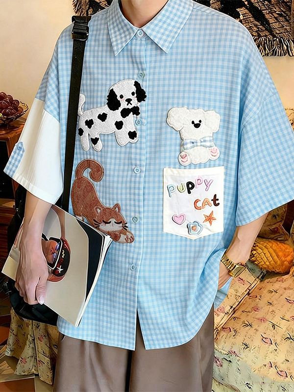 Men's Avant-Garde Playful Kidcore Gingham Patchwork Shirt SKUL59530