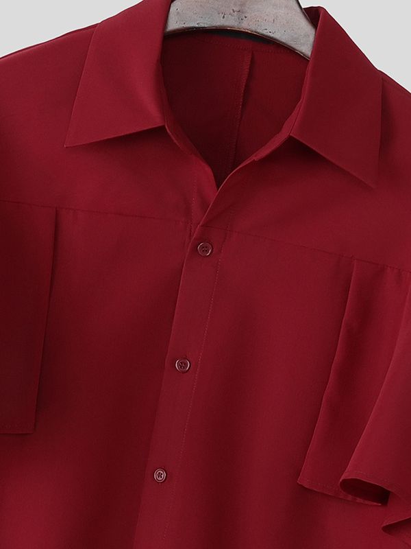 Men's Solid Color Ruffle Patchwork Long Sleeve Shirt SKUL42364