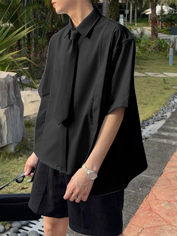 Mens Asymmetrical Hem Tie Short Sleeve Shirt SKUL11380