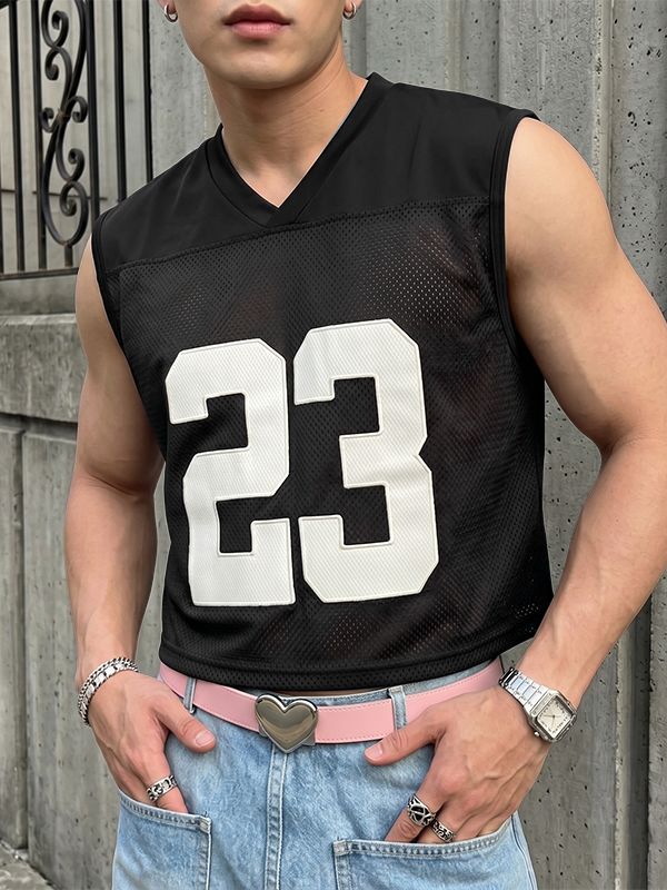 Men's Sexy Avant-Garde Number 23 Mesh Patchwork Cropped Jersey Tank SKUL68486