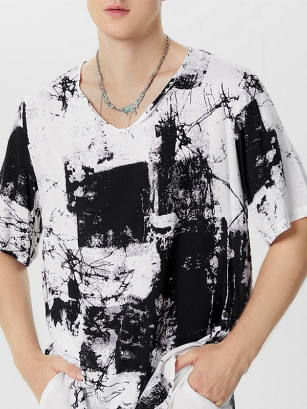 Mens Print Loose V-Neck T-Shirts SKU909068