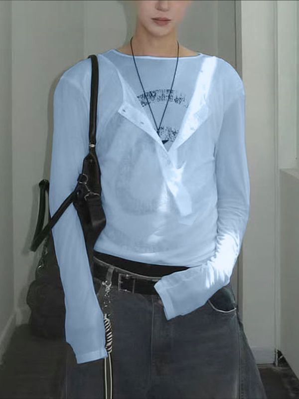 Men's Faux Two Piece Sheer Henley Neck Long Sleeve T-shirt SKUL41302