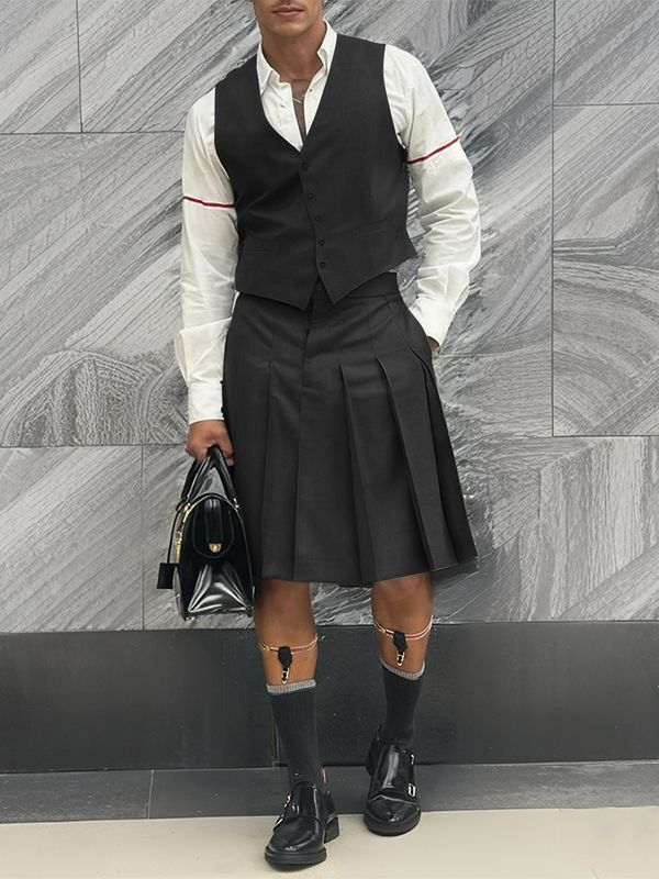 Men's Solid Color Pleated Skirt Two Pieces Outfit SKUL41268