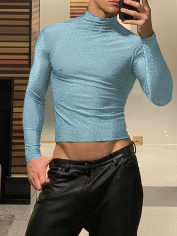 Men's Party Style Shiny Cropped Long Sleeve T-Shirt SKUL37694