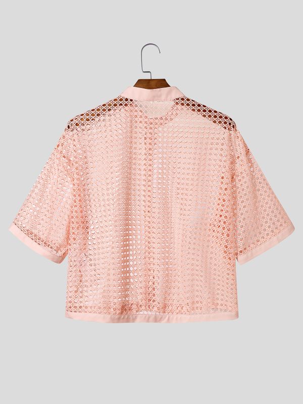 Men's Vintage Modern Chinese Mandarin Collar All-Over Eyelet Lace Cropped Short Sleeve Shirt SKUL71416