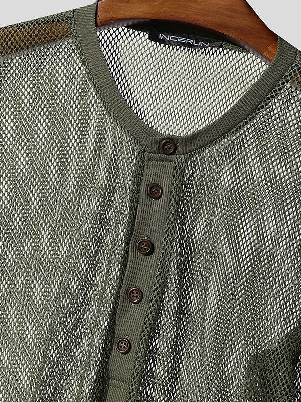 Men's Sheer Mesh Half Placket Long Sleeve T-shirt SKUL48015