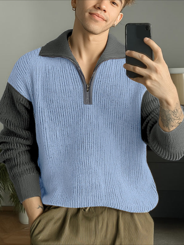 Men's Contrast Knit Half Zip Long Sleeve Sweater SKUL30271