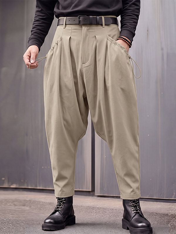 Men's Avant-Garde Techwear Side Drawstring Ruched Low Drop Crotch Tapered Cuff Ankle Length Harem Pant SKUL84024
