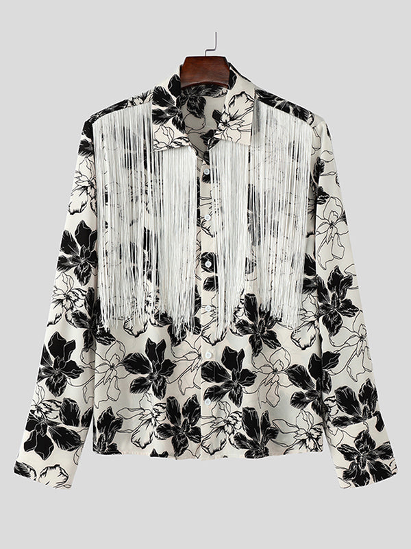 Mens Floral Print Fringe Patchwork Long-Sleeve Shirt SKUK78141