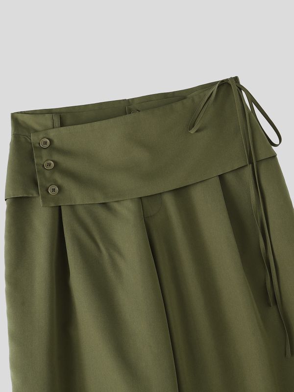 Men's Avant-Garde Asymmetrical Fold-Over Button Tie Waist Wide Leg Pant SKUL71412