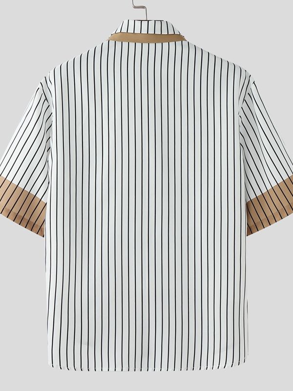 Men's Color Block Striped Tie Short Sleeve Shirt SKUL31818