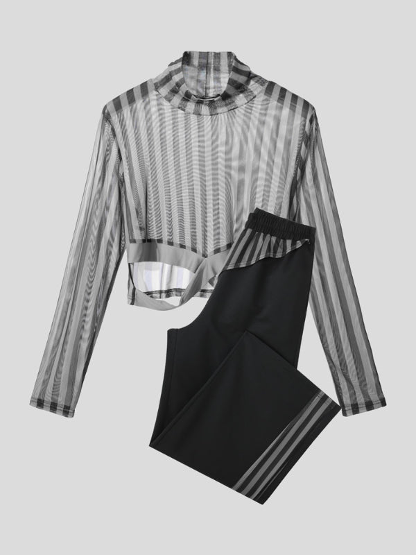 Men's Sheer Striped Cropped Two Pieces Outfit SKUL25950