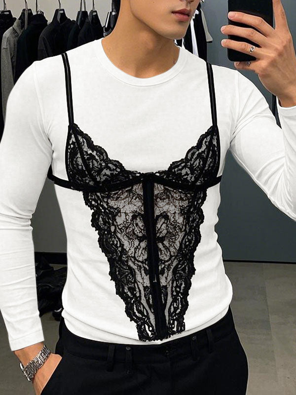 Mens Lace Print Knit Long-Sleeve T-Shirt SKUL02082