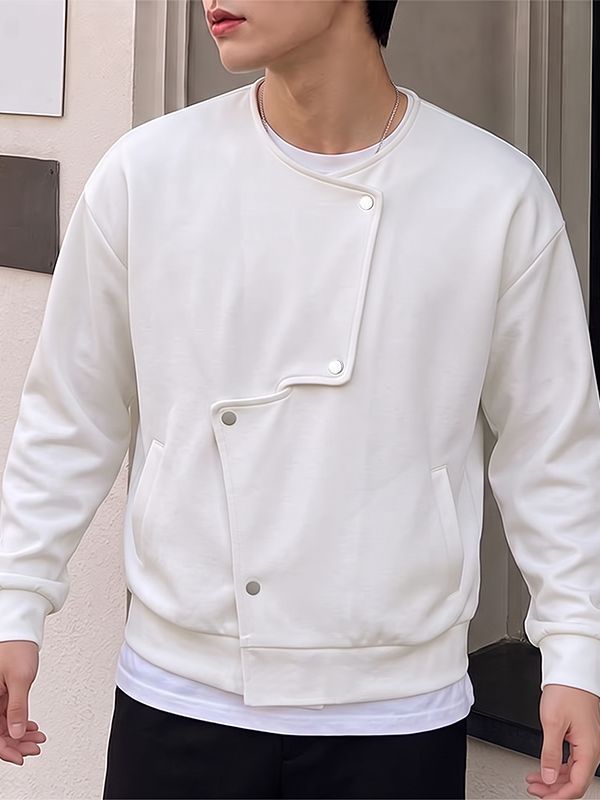 Men's Avant-Garde Chic City Walk Asymmetric Stepped Snap Placket Crewneck Jacket SKUL84565