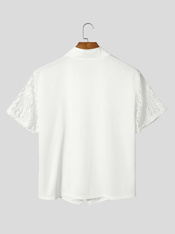 Men's Slim Fit Mandarin Collar Floral Lace Sleeves Shirt SKUL65339