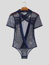 Men's Avant-Garde Sheer Mesh Double-Cross Wrap Cutout Bodysuit SKUL61684