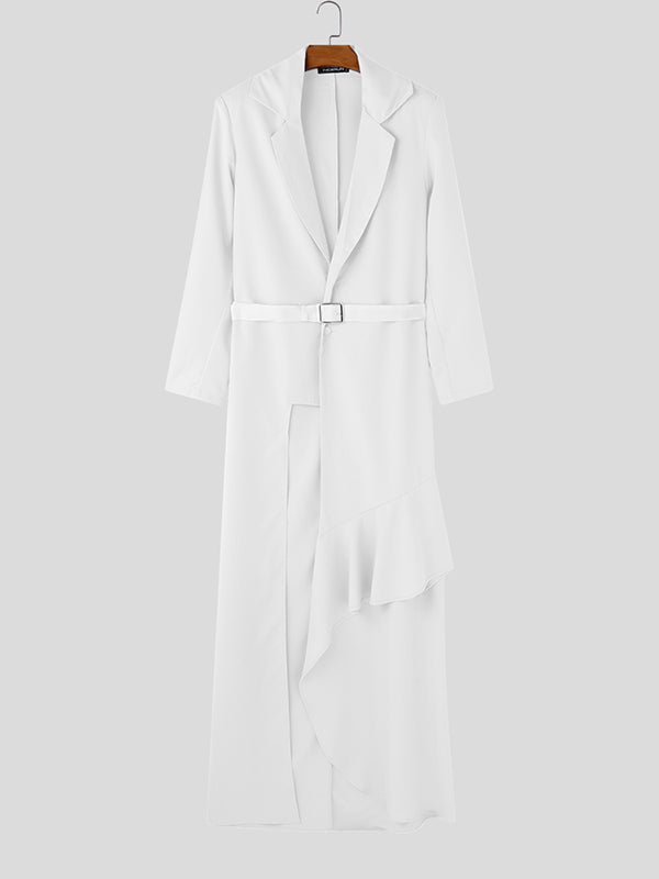 Mens Solid Color Ruffle Trim Long Blazer SKUL02257