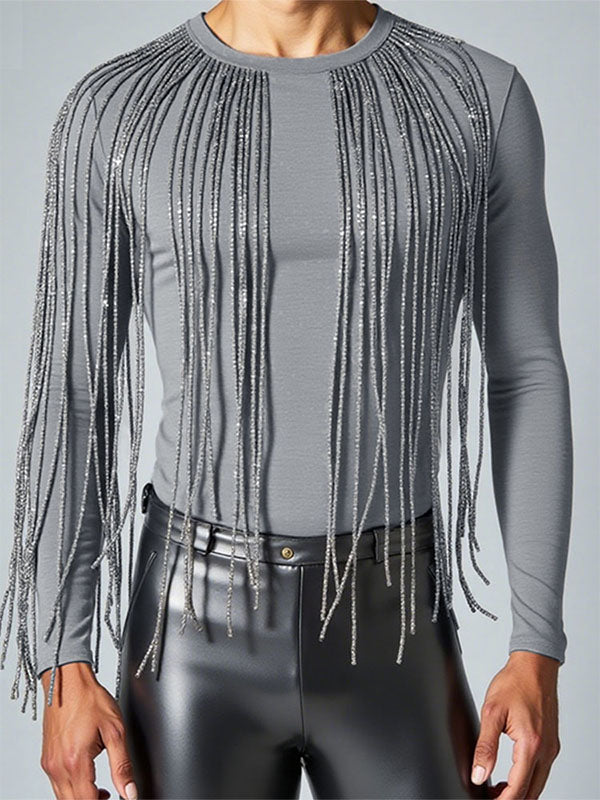 Men's Glitter Tassel Patchwork Crew Neck Long Sleeve T-Shirt SKUL23657