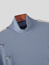 Men's Metal Buckle Decor High Neck Knitted Long Sleeve Sweater SKUL39035