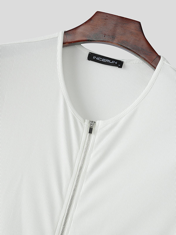 Mens Textured Zip-Up Short Sleeve T-Shirt SKUL01341