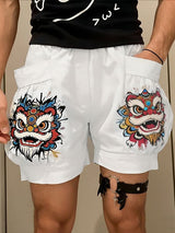 Men's Vintage Modern Chinese Lion Dance Graphic 3D Pocket Loose Cargo Short SKUL63709