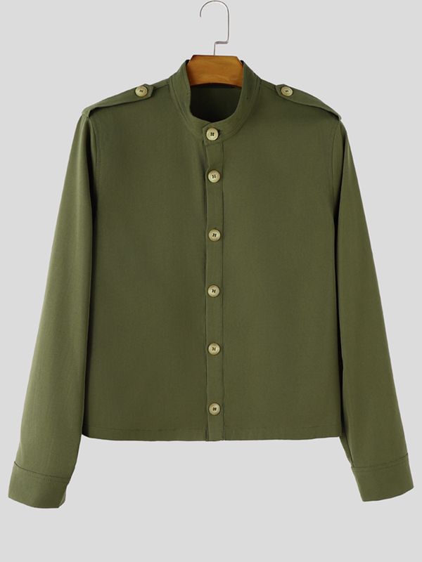 Men's Smart-Casual Military-Inspired Mandarin Collar Slim Fit Shirt SKUL77983