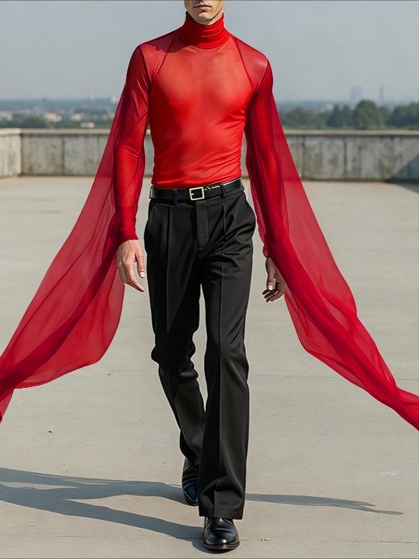 Men's Deconstructed Sheer Mesh Flap Long Sleeve T-Shirt SKUL37628