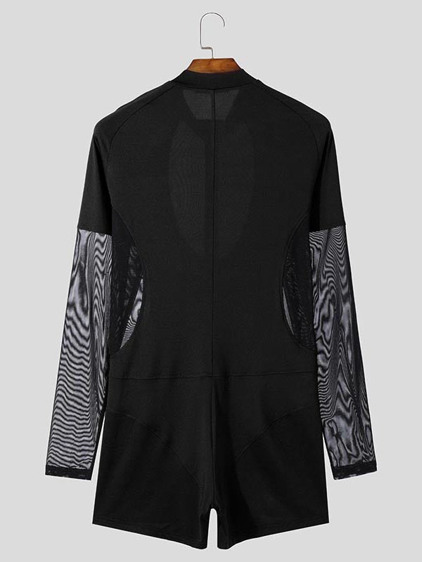 Mens Cut-Out Mesh Patchwork Long Sleeve Bodysuit SKUK84746