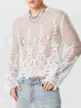 Mens Lace Fringe Trim Long Sleeve T-Shirt SKUK29409