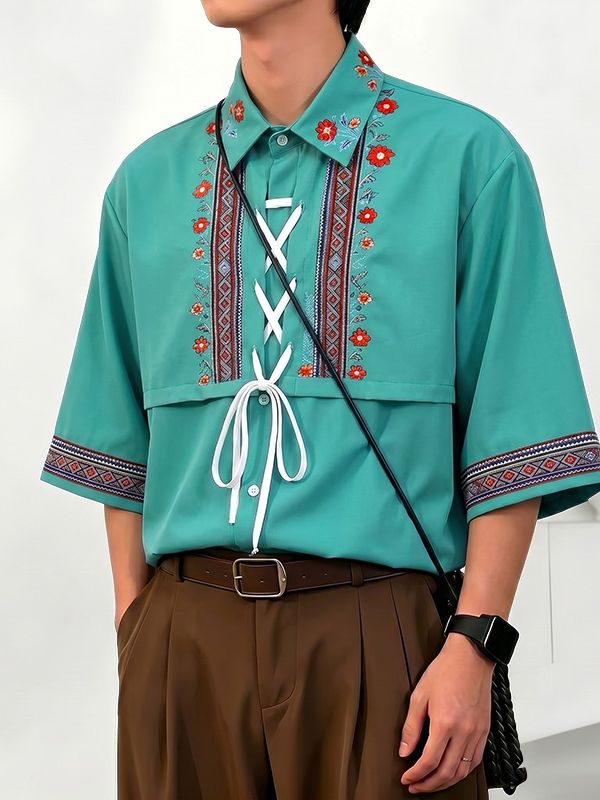 Men's Vintage Ethnic Floral Print Lace-Up Flap Overlay Boxy Short Sleeve Shirt SKUL58685